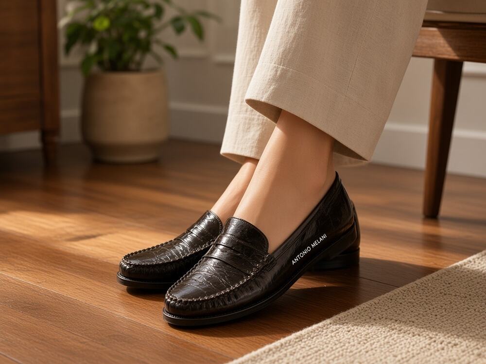 Antonio Melani Black Leather Square Toe Penny Loafers Slip On Shoes Womens 7.5